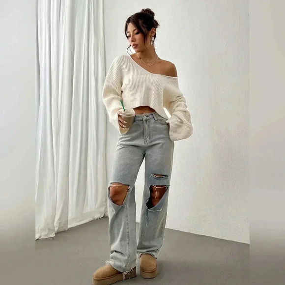 Solid Drop Shoulder Crop Ribbed Knit Sweater - Picture 3 of 6